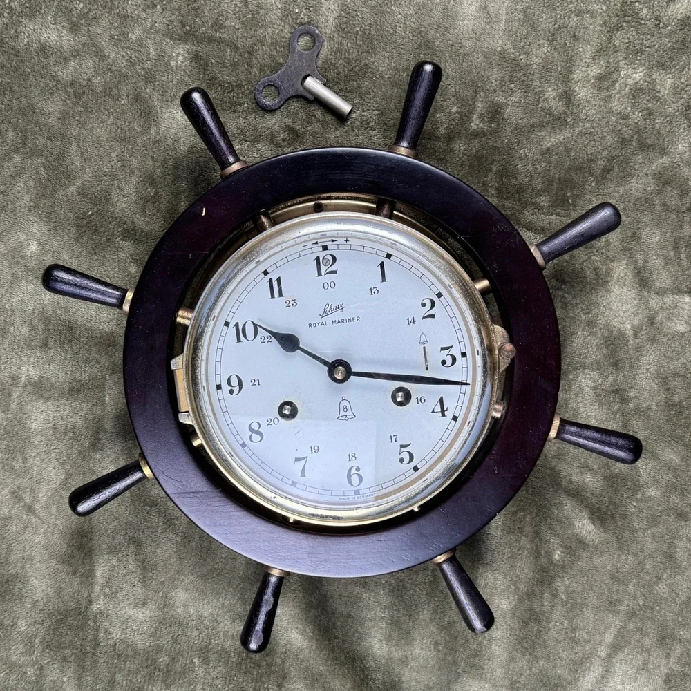 Vintage Schatz Royal Mariner Ships Wheel Clock West Germany Brass Wood Nautical